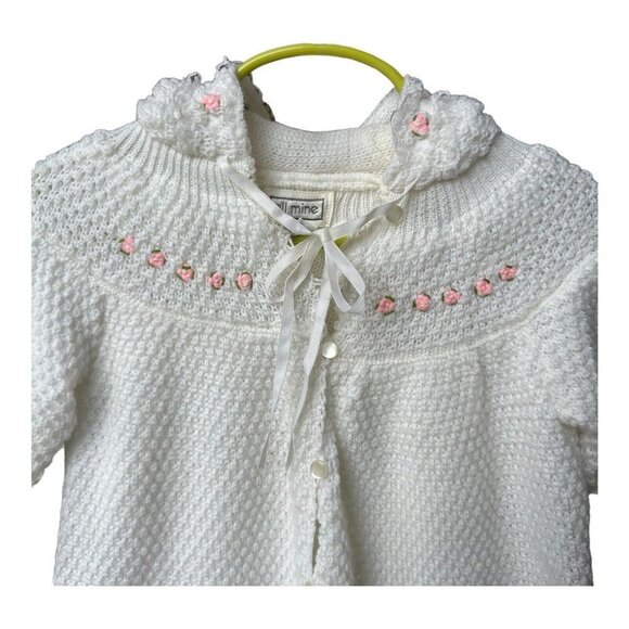 All Mine Baby Gown Sweater Hooded Embroidery White Pink Flowers Size 12M VTG - Picture 4 of 9